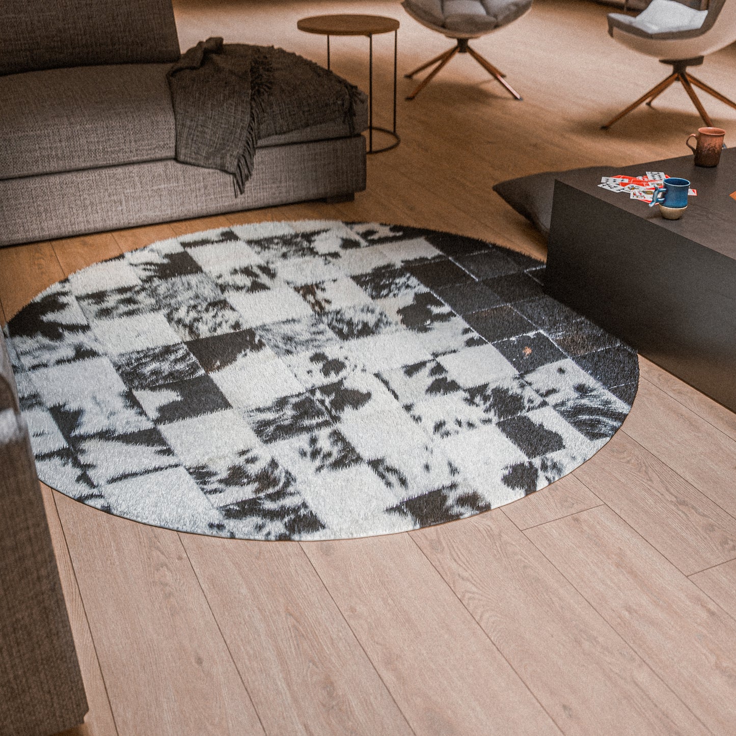 Squared Rounded Dark & White Patchwork Rug #A108 by Hide Hoof