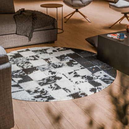 Squared Rounded Dark & White Patchwork Rug #A108 by Hide Hoof