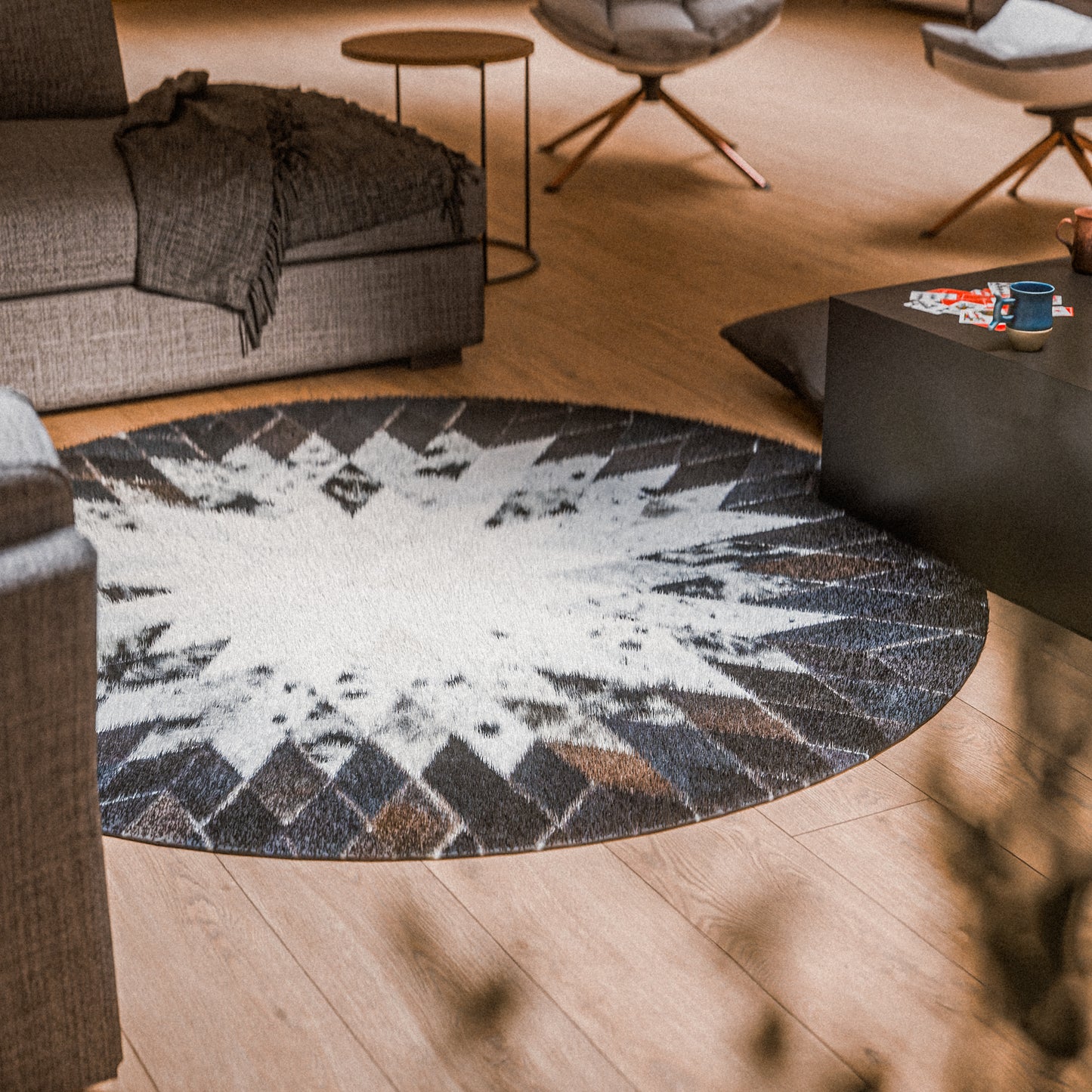 Spear Rounded Dark & White Patchwork Rug #A105 by Hide Hoof