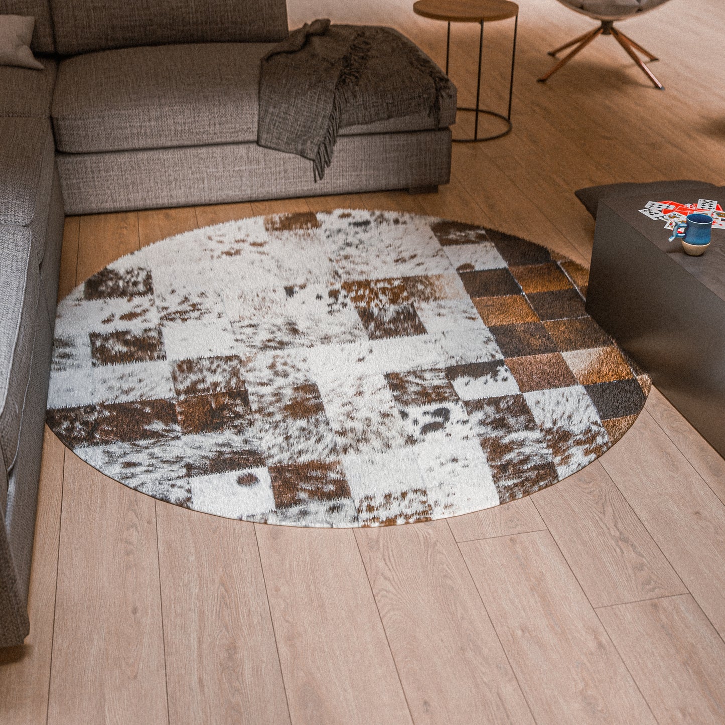 Squared Rounded Tricolor Patchwork Rug #A103 by Hide Hoof