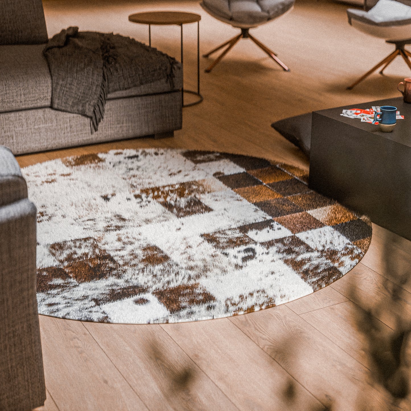 Squared Rounded Tricolor Patchwork Rug #A103 by Hide Hoof