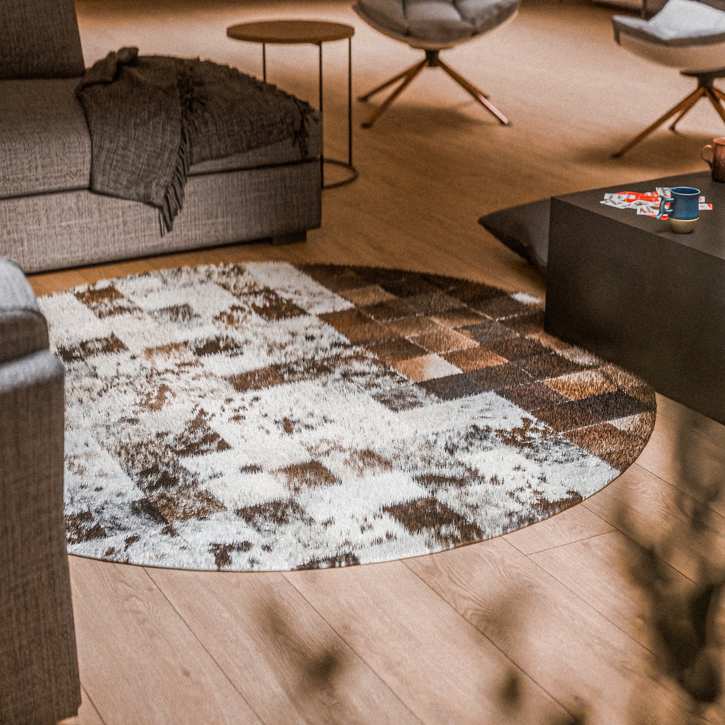 Squared Rounded Tricolor Patchwork Rug #A104 by Hide Hoof