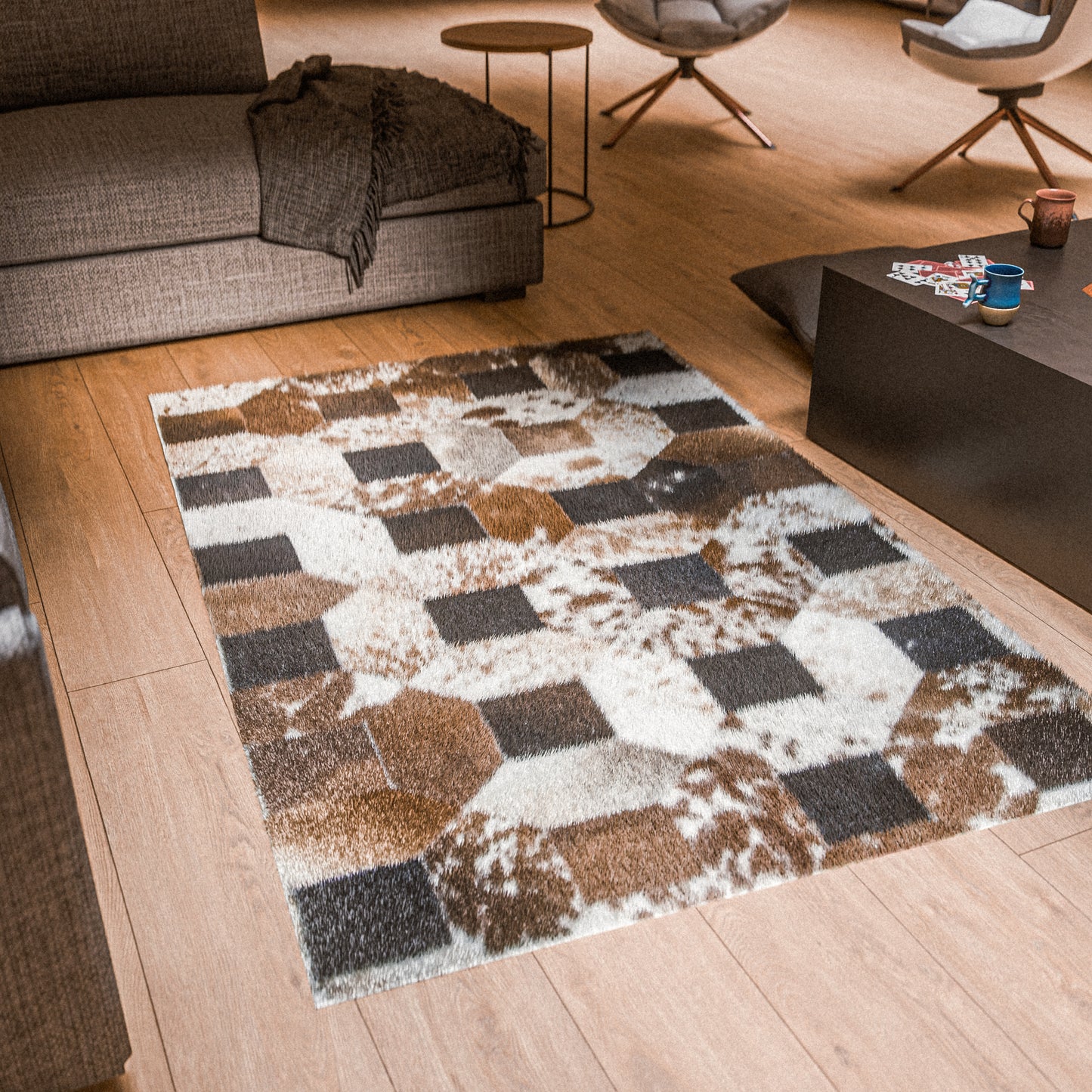 Tricolor Squared-Dotted Patchwork Rug #A157 by Hide Hoof