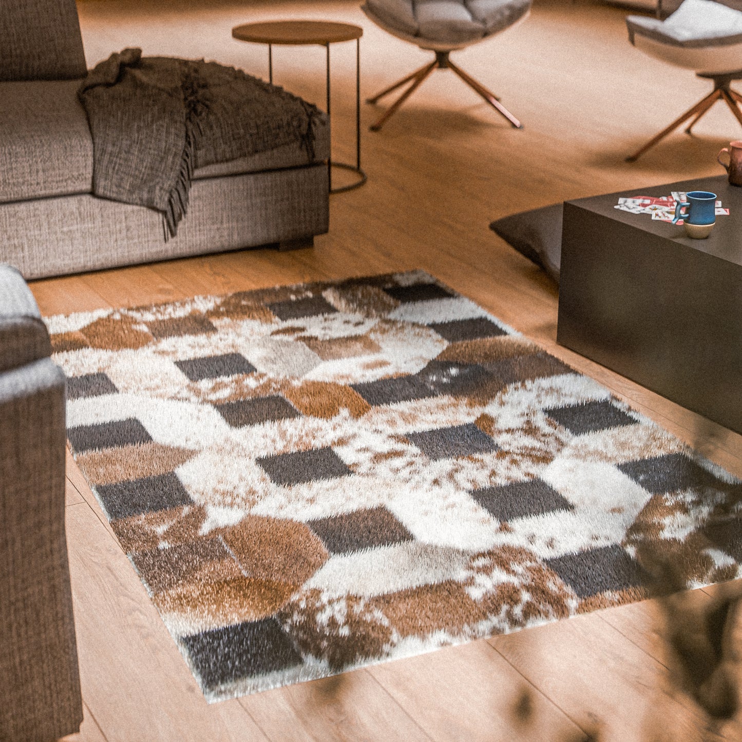 Tricolor Squared-Dotted Patchwork Rug #A157 by Hide Hoof