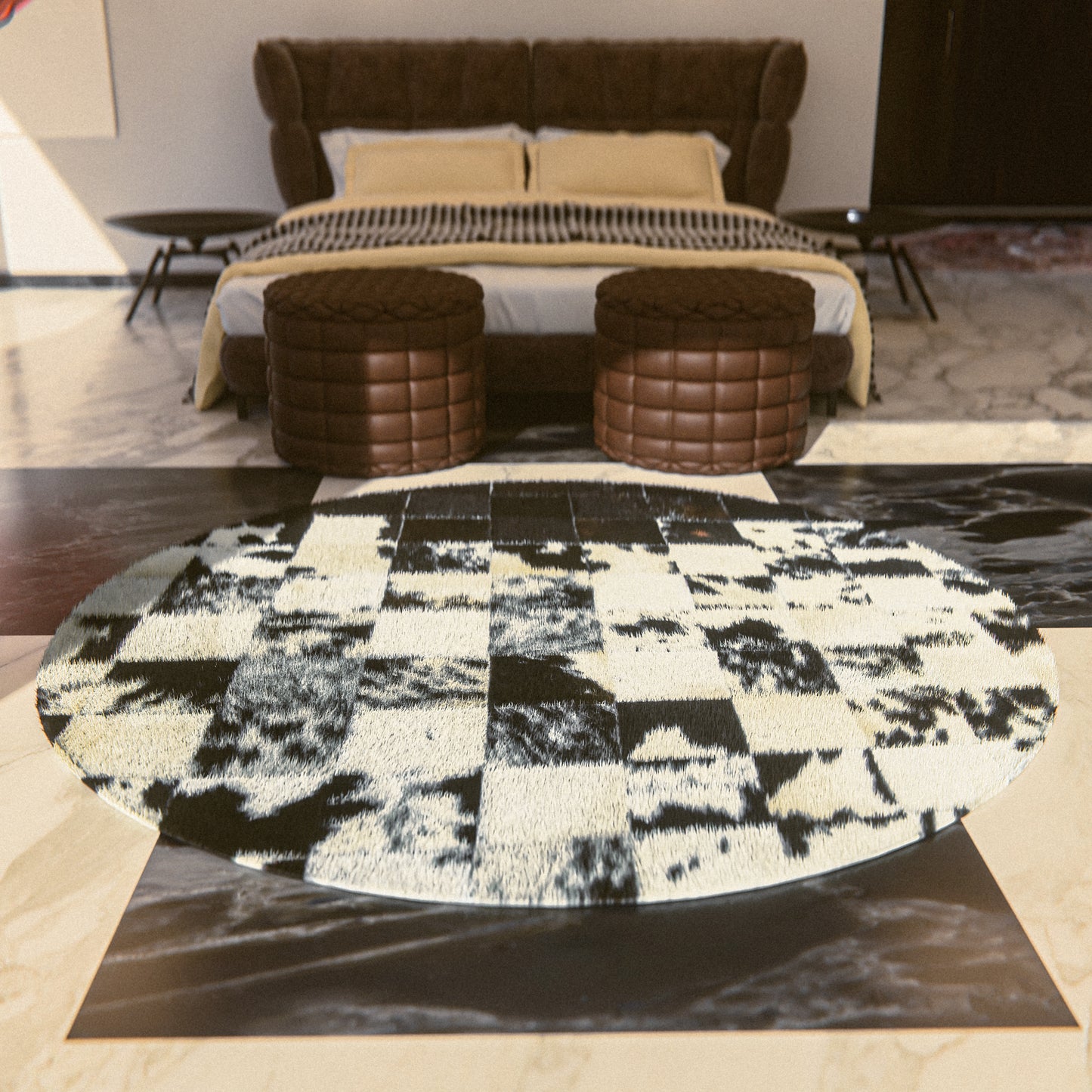 Squared Rounded Dark & White Patchwork Rug #A108 by Hide Hoof