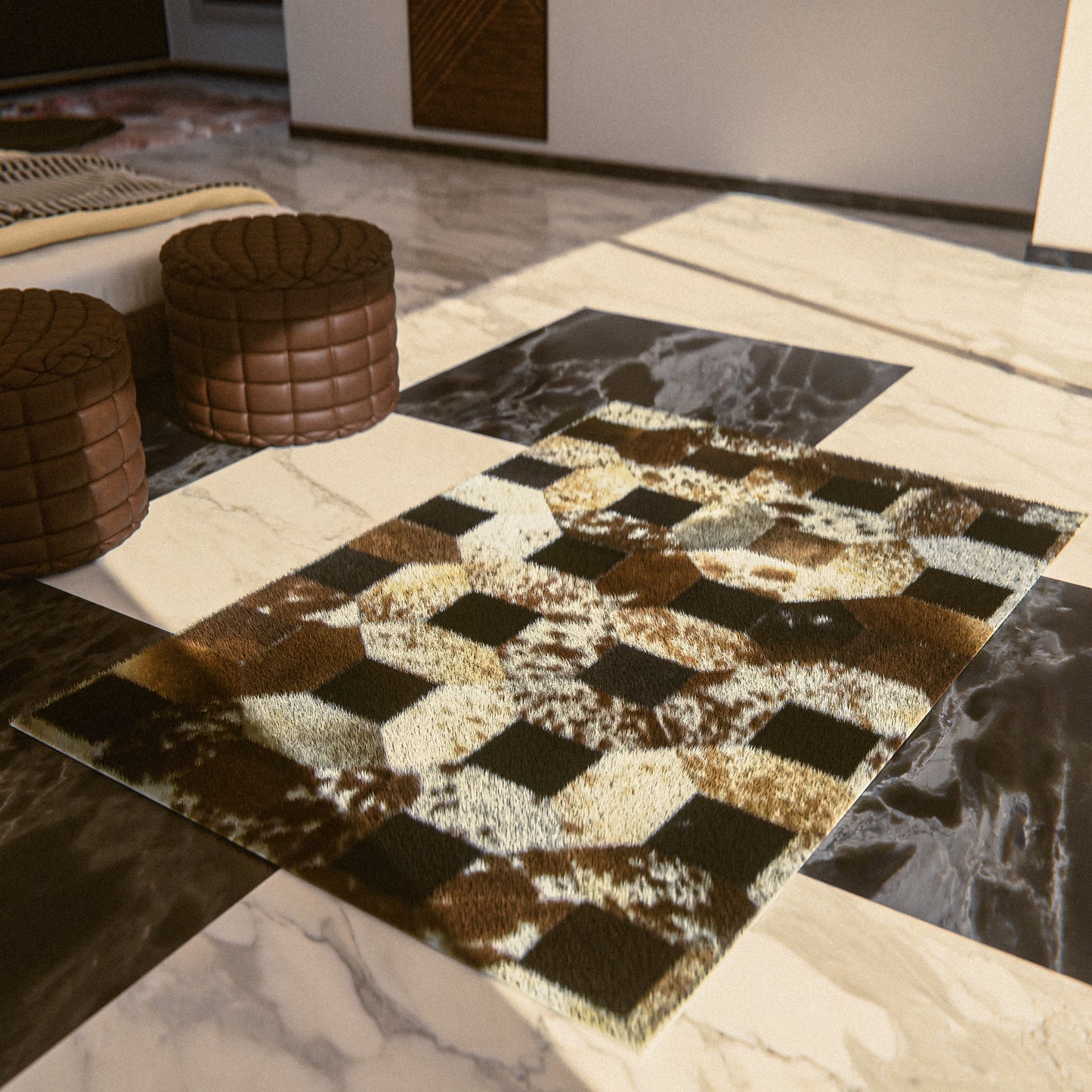 Tricolor Squared-Dotted Patchwork Rug #A157 by Hide Hoof