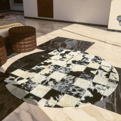 Squared Rounded Dark & White Patchwork Rug #A108 by Hide Hoof