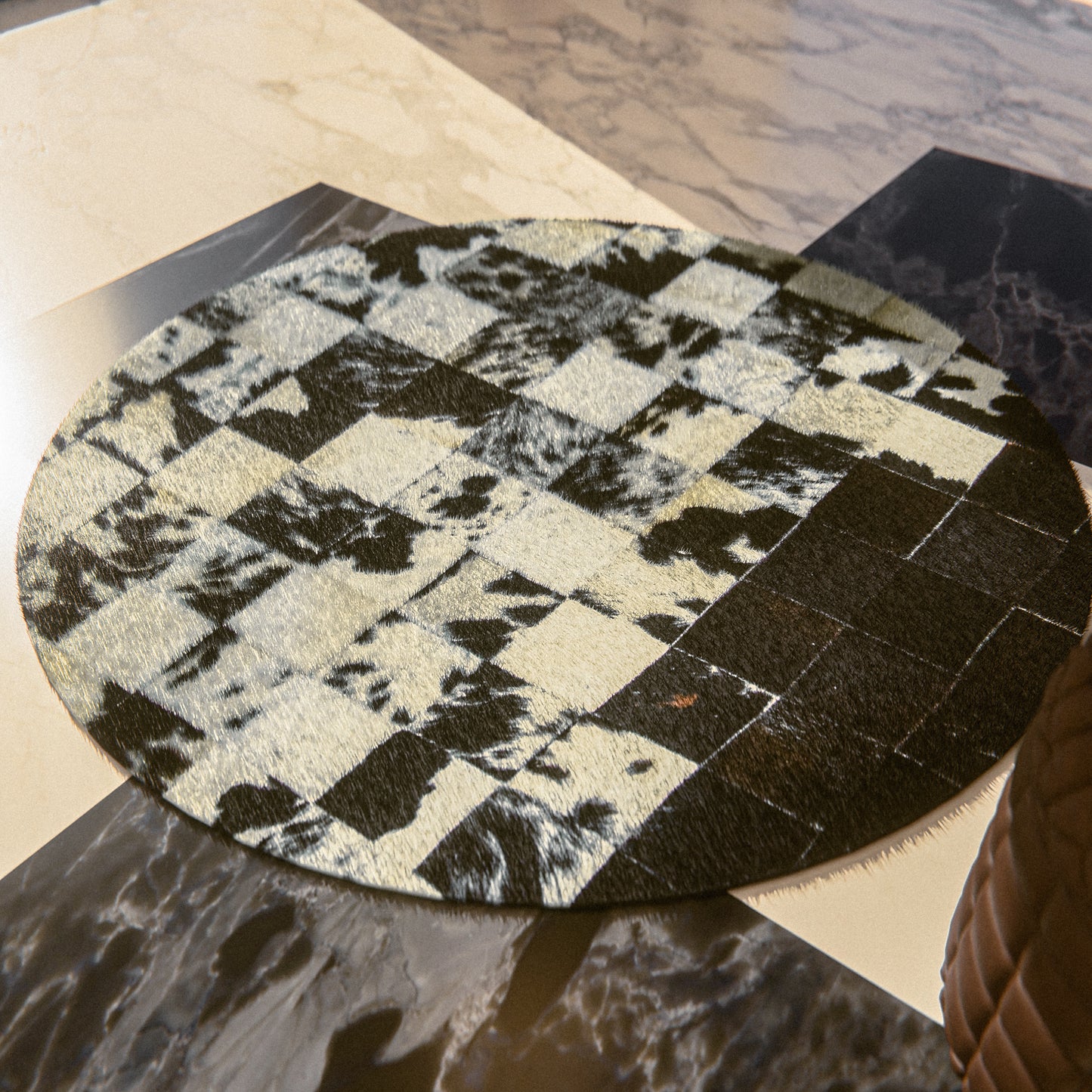 Squared Rounded Dark & White Patchwork Rug #A108 by Hide Hoof