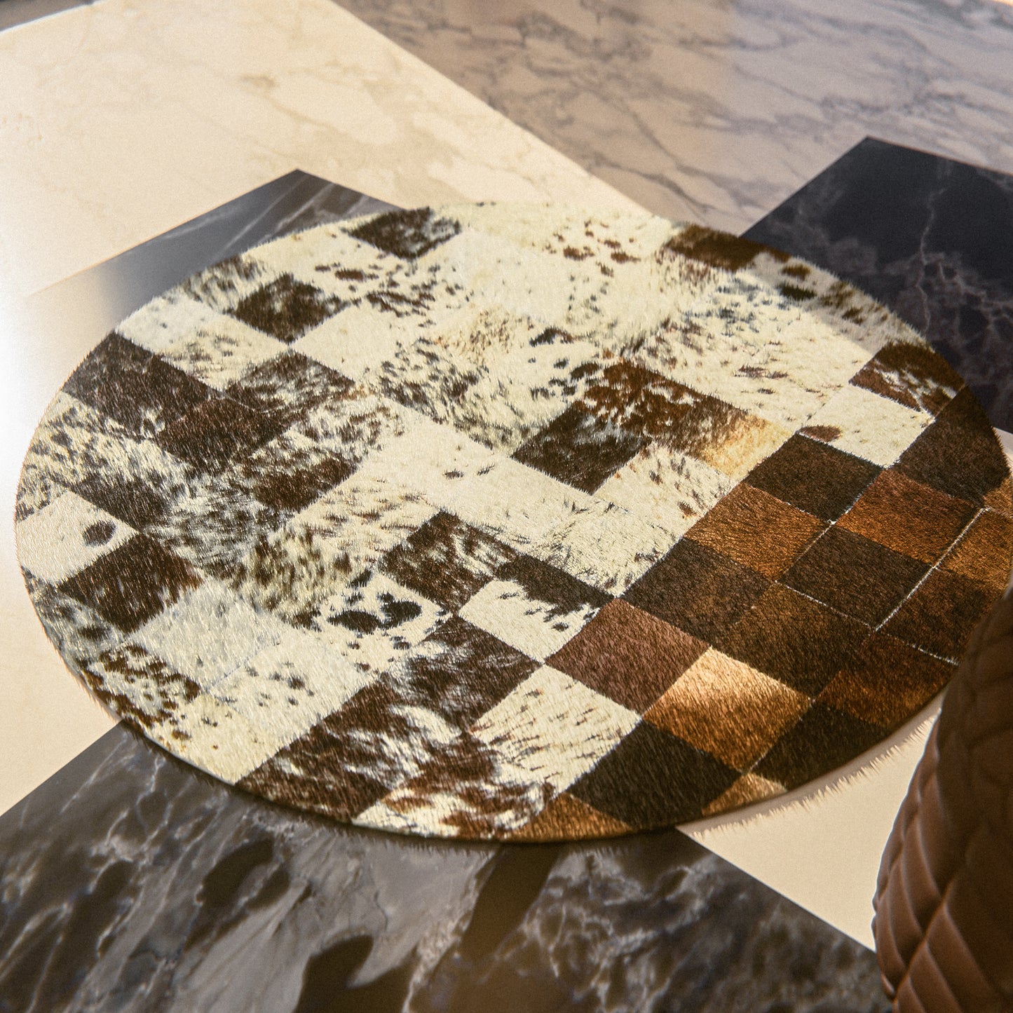 Squared Rounded Tricolor Patchwork Rug #A103 by Hide Hoof